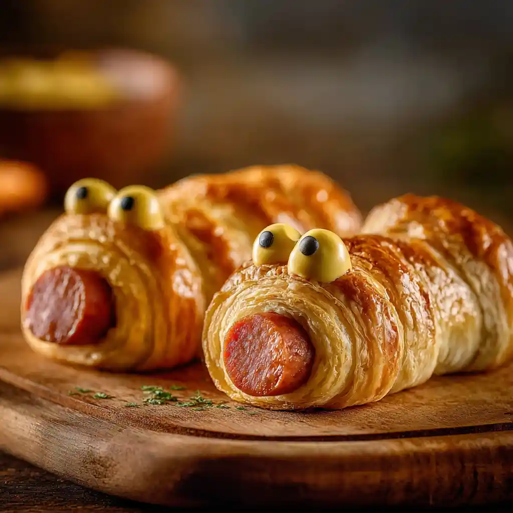 feuilleté knacki - pâte feuilletée dorée avec saucisse et yeux moutarde