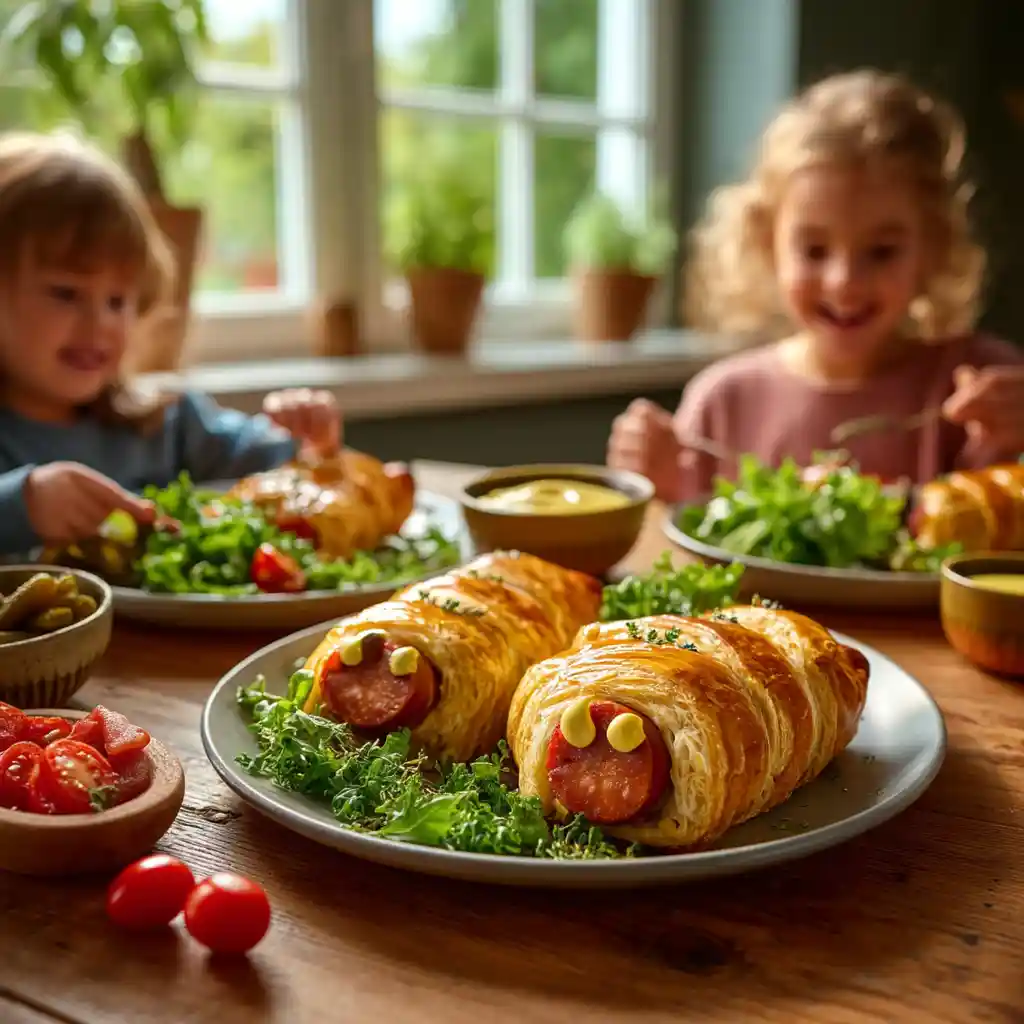 feuilleté knacki servi avec salade verte, moutarde et accompagnements famille
