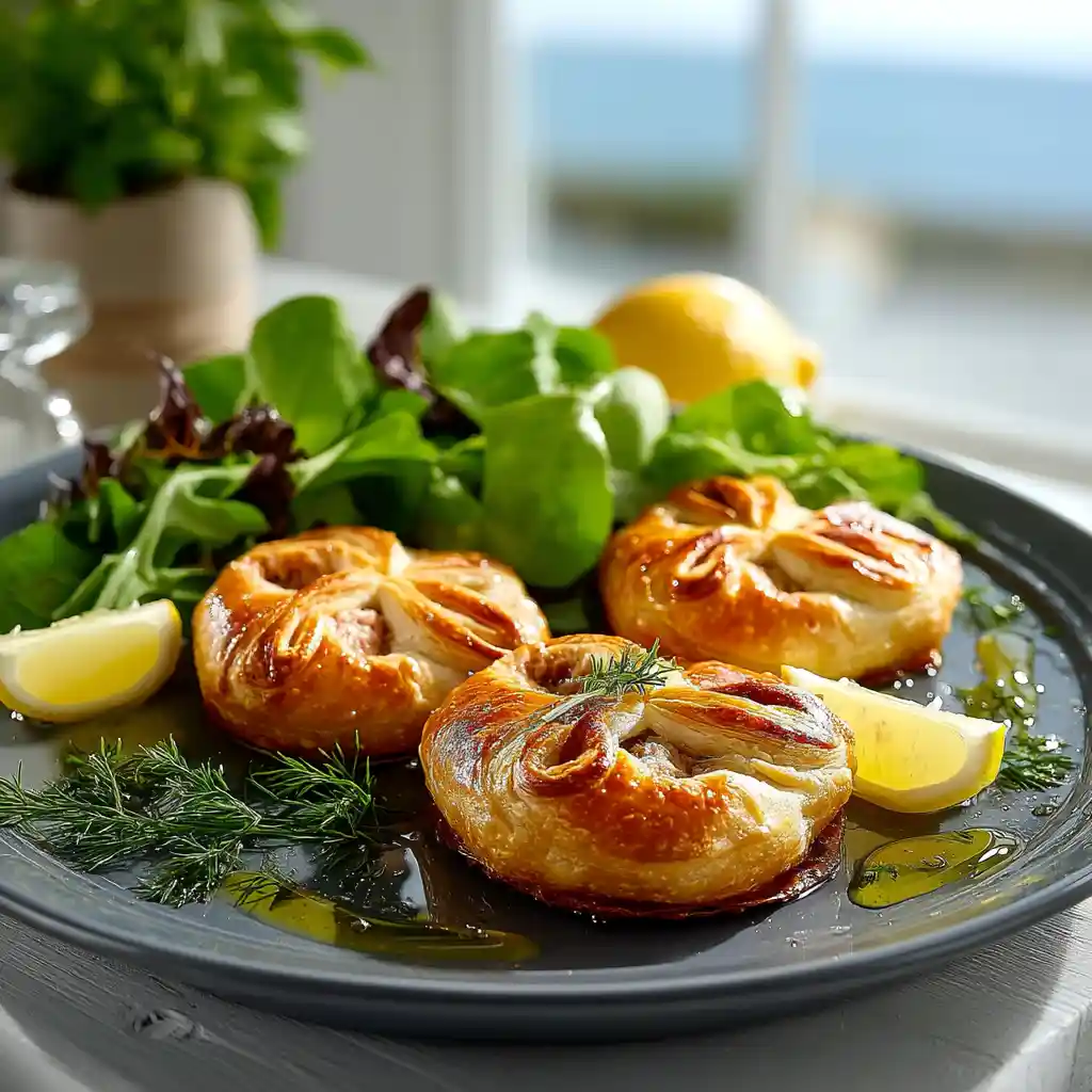 Trois feuilletés au thon servis chauds sur une assiette grise avec accompagnements méditerranéens