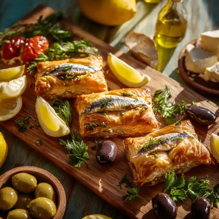 Feuilletés aux anchois dorés et croustillants prêts à être servis, présentés sur une planche en bois méditerranéenne