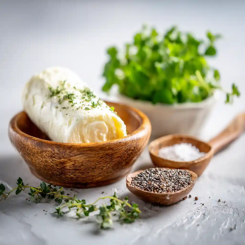 Ingrédients pour bouchées apéritives - bûche de chèvre frais, feuilles de brick, grains de pavot arrangés sur plan de travail