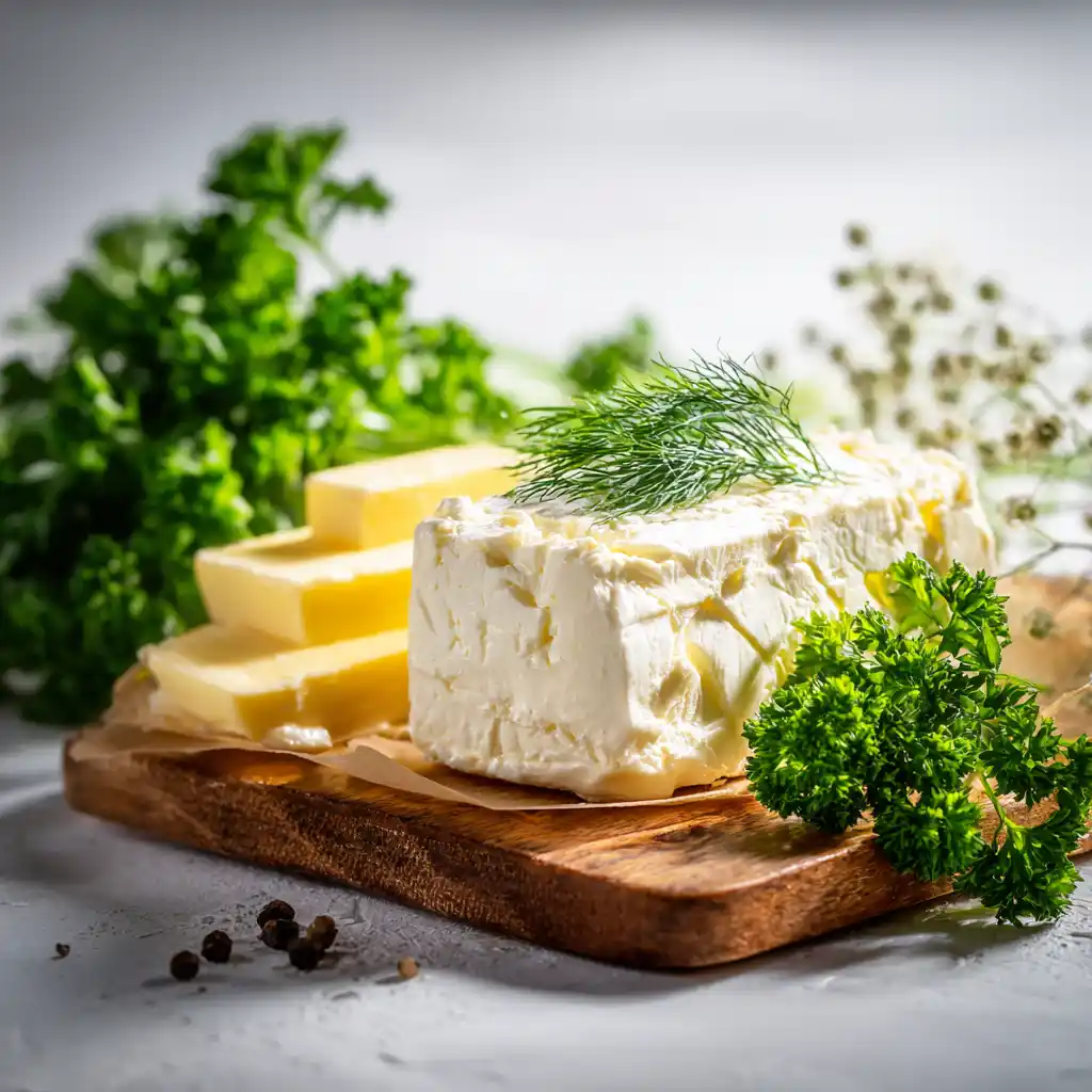 Ingrédients pour les feuilletés à la feta: pâte brick, feta, persil, aneth, beurre et poivre