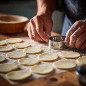Découpe des disques de pâte feuilletée pour mini pizza apéritive à l'emporte-pièce