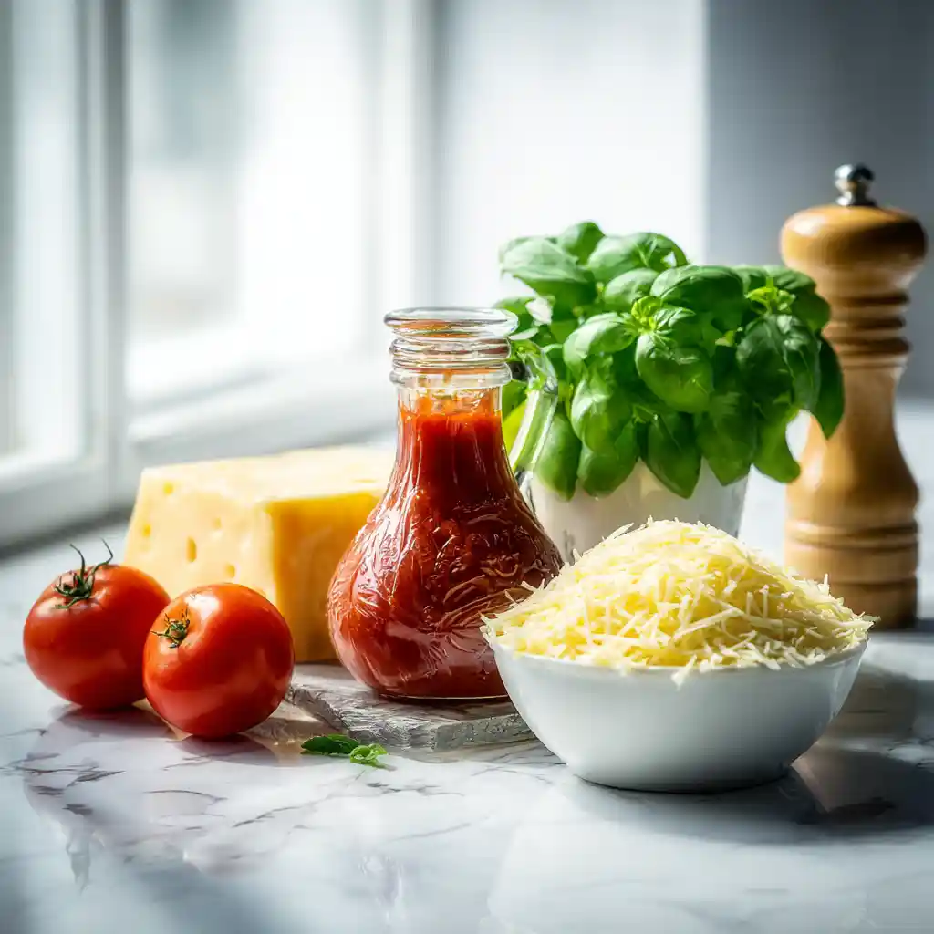 Ingrédients pour mini pizza apéritive : pâte feuilletée, sauce tomate, gruyère râpé et basilic frais
