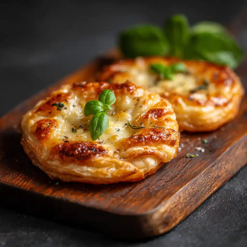 Mini pizza apéritive dorée avec basilic frais et gruyère fondu, sortie du four