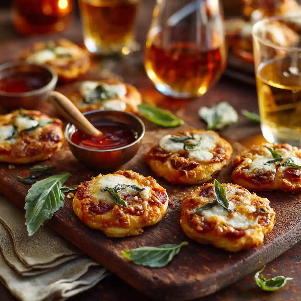 Mini pizza apéritive présentée sur planche en bois avec bol de sauce sriracha et miel