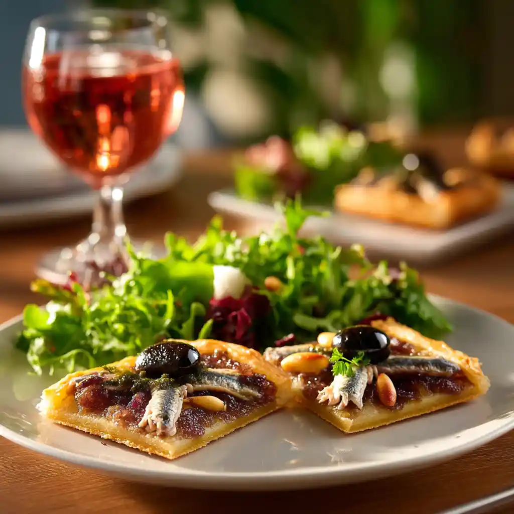 Pissaladière recette servie comme apéritif avec verre de vin rosé de Provence et crudités fraîches