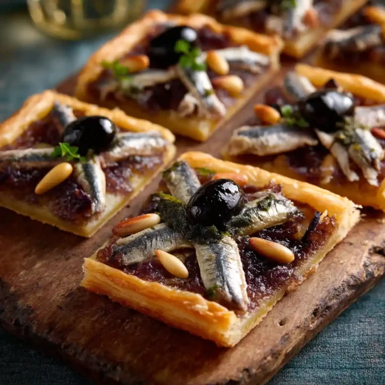 Pissaladière recette niçoise authentique servie en carrés dorés, garnie d'anchois et d'olives noires de Nice