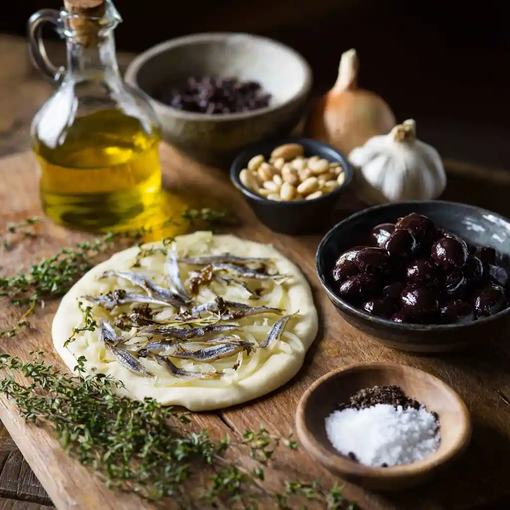 Ingrédients pour la pissaladière recette: oignons, anchois, olives noires de Nice, huile d'olive, thym et pâte à pizza