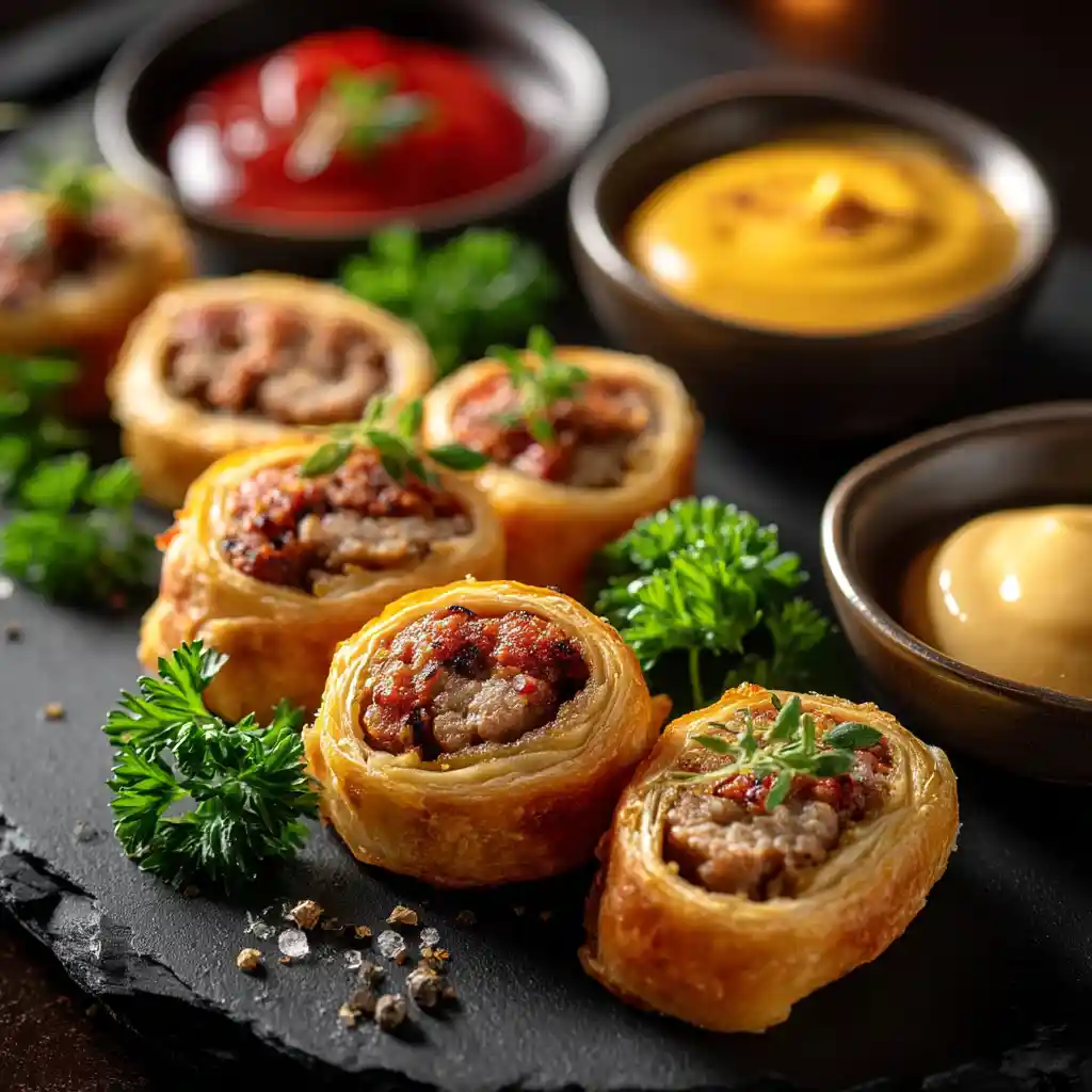 Plateau d'apéritif avec plusieurs roulés saucisse dorés, accompagnés de sauce tomate et de moutarde, prêts à être servis aux invités