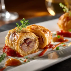 Roulé saucisse doré coupé en deux, montrant la farce généreuse à l'intérieur