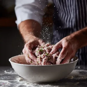 Mélange des viandes et épices dans un saladier pour préparer la farce du roulé saucisse, avec l'ail, échalotes et paprika ajoutés