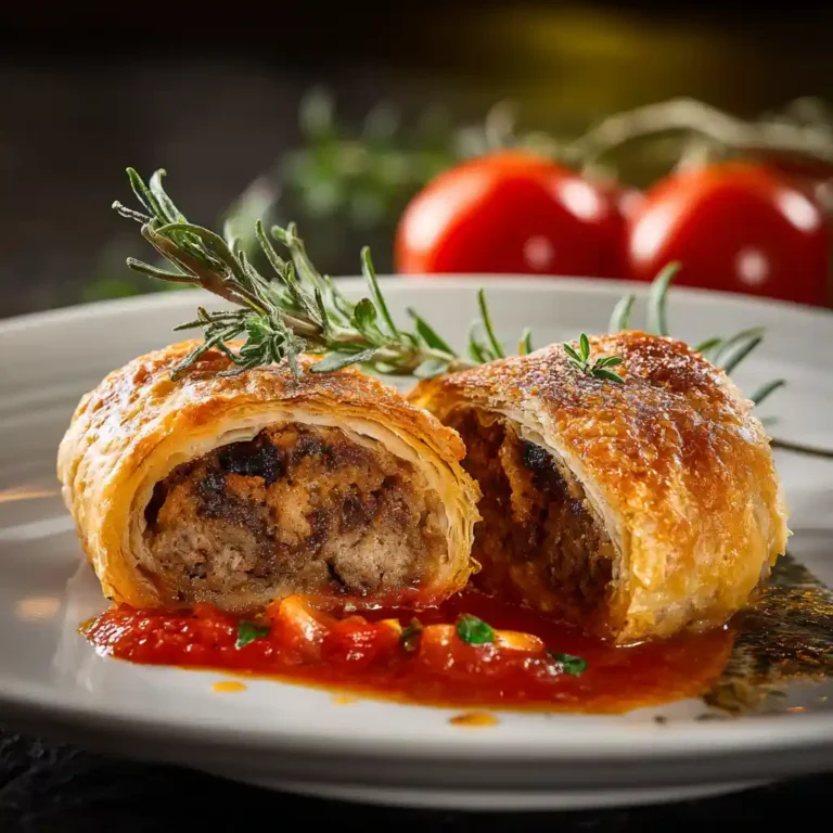 Roulé saucisse doré coupé en deux, montrant la farce généreuse à l'intérieur, présenté sur une assiette blanche avec une sauce tomate en accompagnement