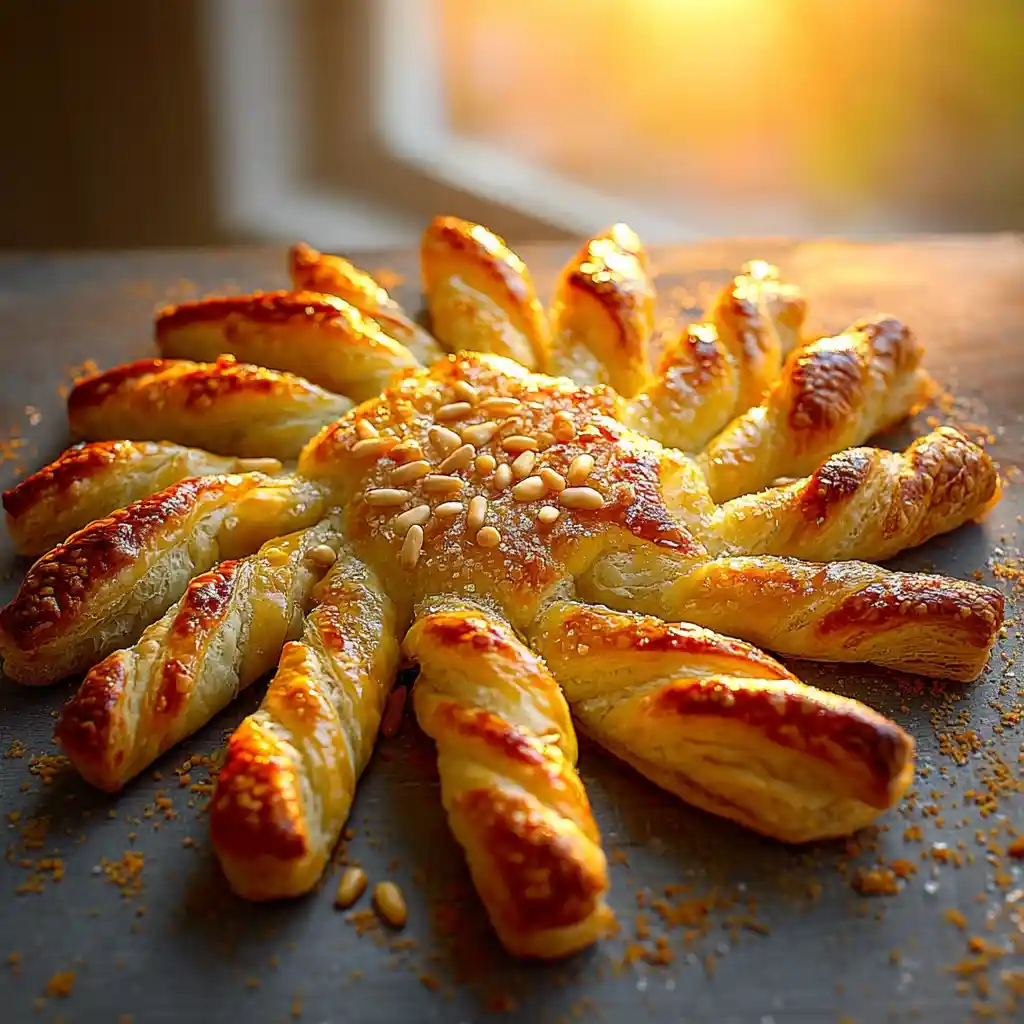 Soleil pâte feuilletée doré sortant du four, avec rayons torsadés et pignons