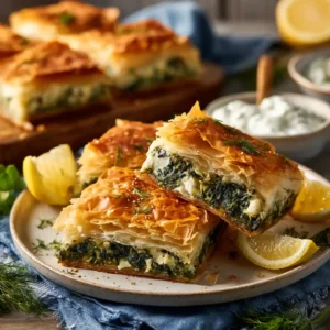 Spanakopita croustillante dorée fraîchement sortie du four, coupée en carrés