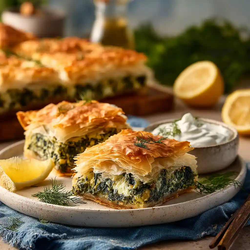 Spanakopita croustillante dorée fraîchement sortie du four, coupée en carrés et servie avec yaourt grec et citron frais sur une assiette blanche