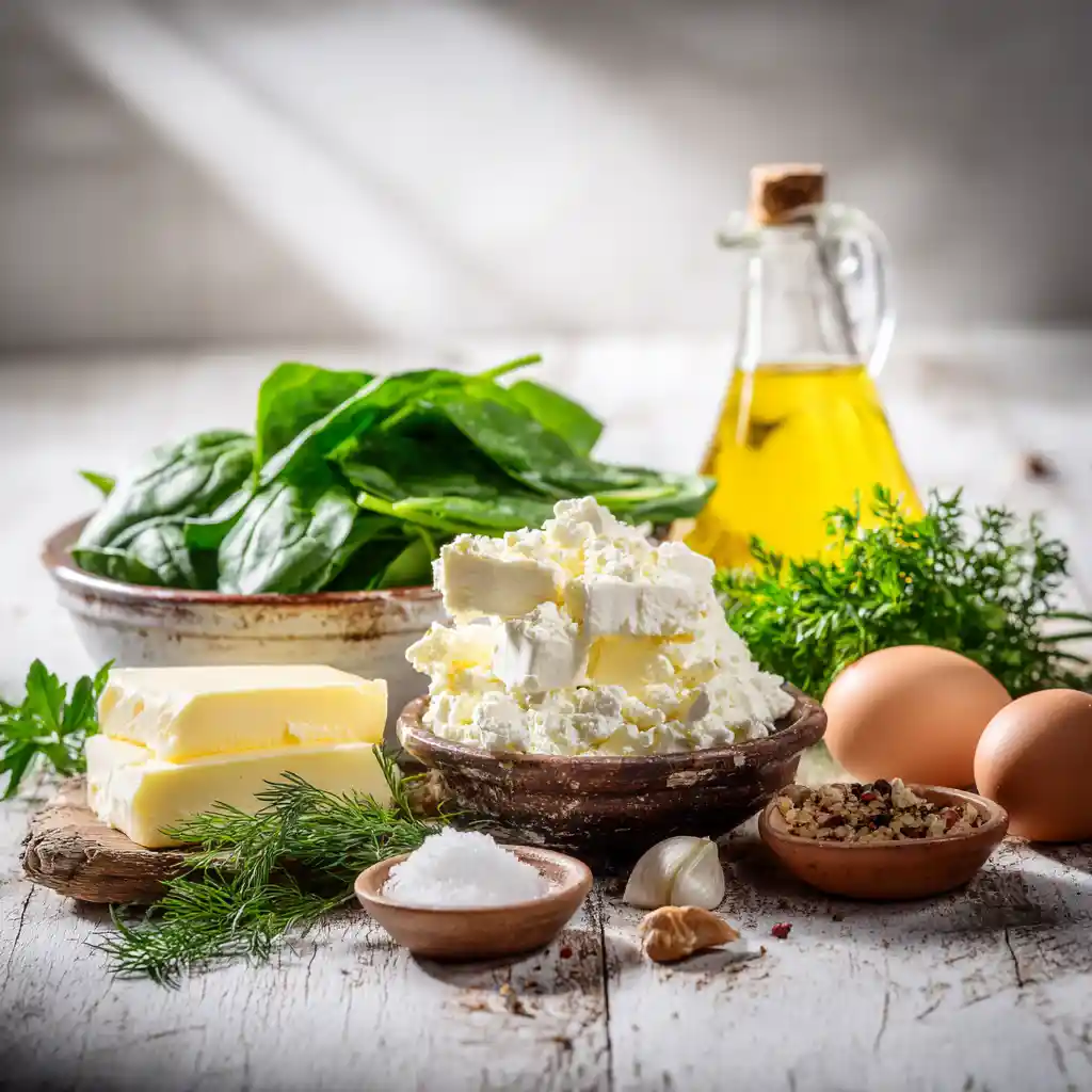 Ingrédients pour la spanakopita: feuilles de brick, épinards frais, feta authentique, oignons, herbes fraîches et épices arrangés sur une surface de travail