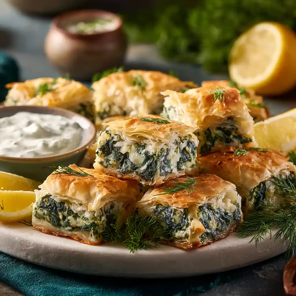 Spanakopita coupée en petits carrés apéritifs disposés sur un plateau de service blanc avec yaourt grec et citron, prête à être servie aux invités