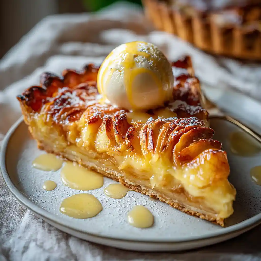 Tranche de tarte aux pommes pâte feuilletée servie avec crème glacée vanille