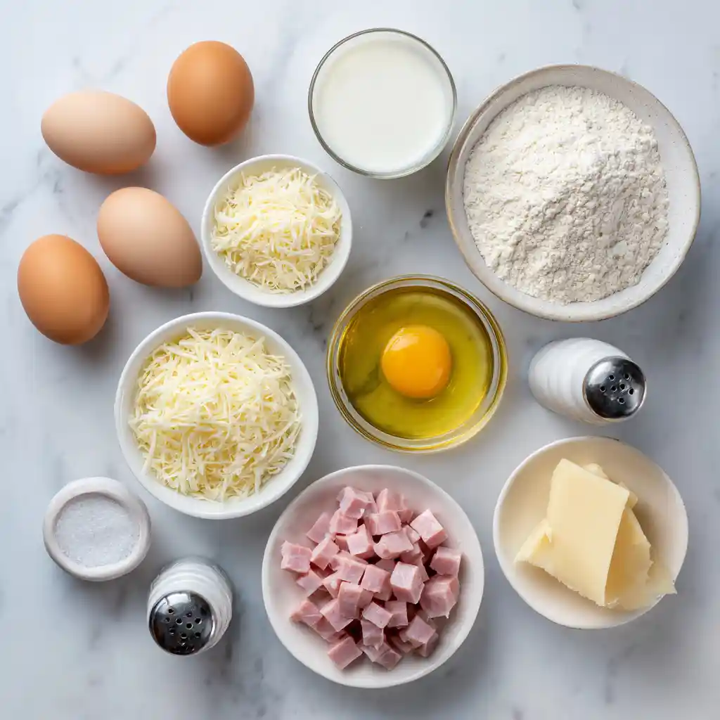 Tous les ingrédients pour faire un muffin jambon et fromage: œufs, farine, levure, yaourt, huile, jambon, fromage râpé, sel et poivre