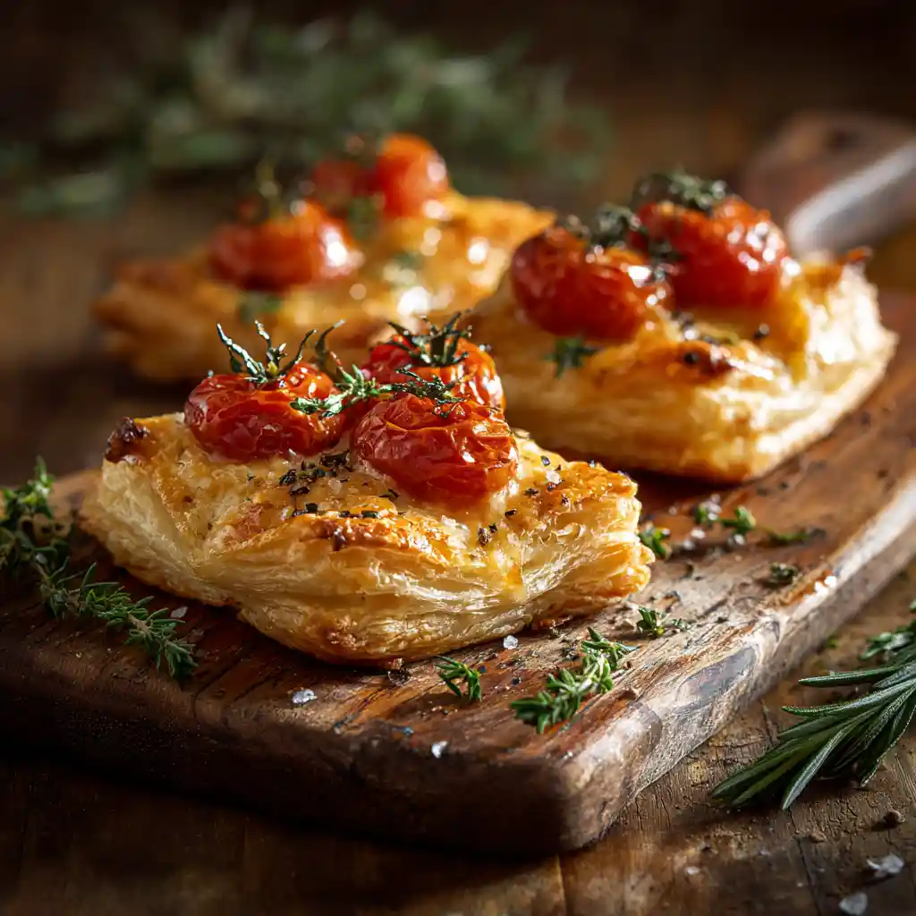 feuillete apero à la tomate croustillant - pâte dorée avec gruyère fondu - recette facile 20 minutes