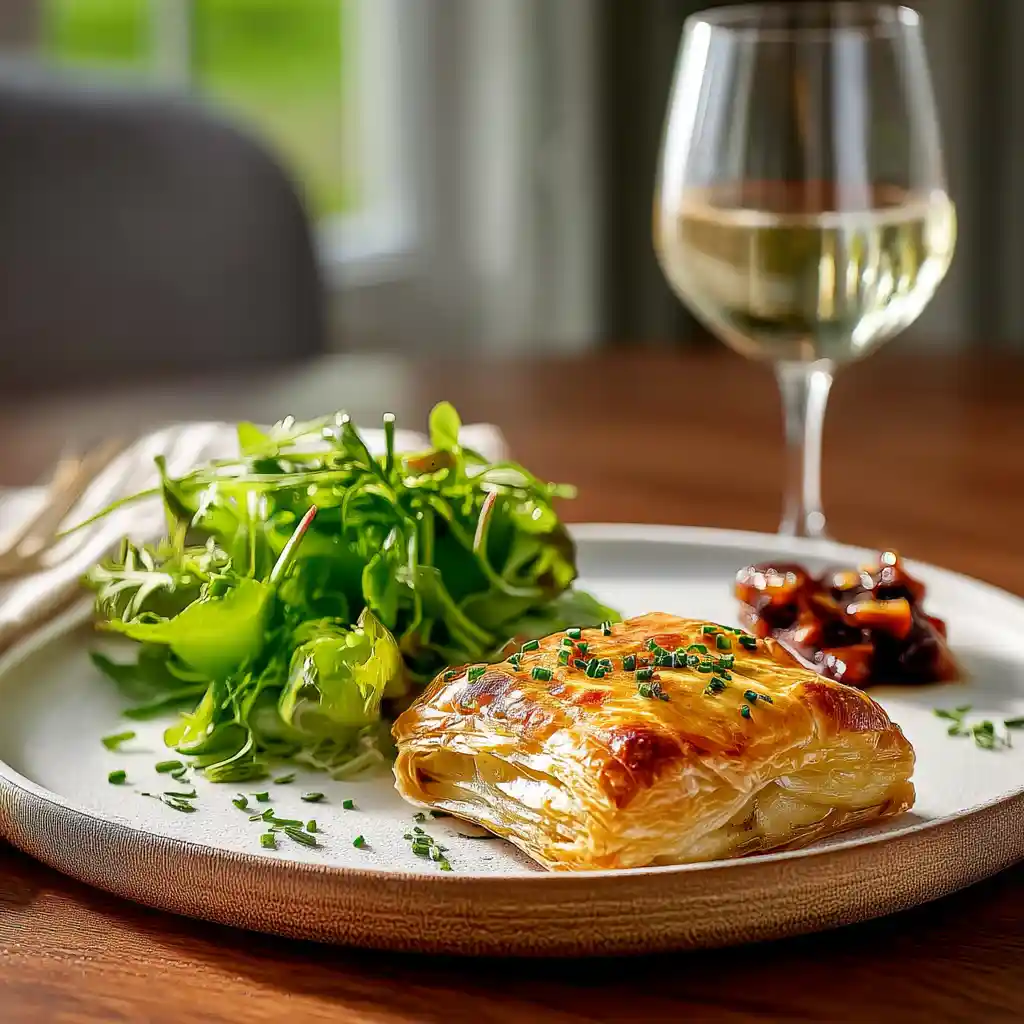 Feuilleté aux pommes de terre dressé à l'assiette avec salade verte et verre de vin blanc
