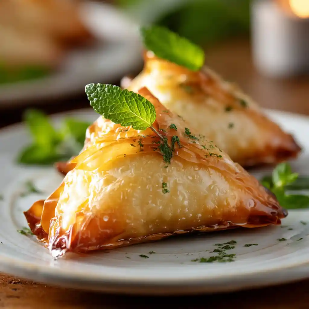 Feuilleté à la feta et menthe servi tiède sur assiette blanche, apéritif méditerranéen