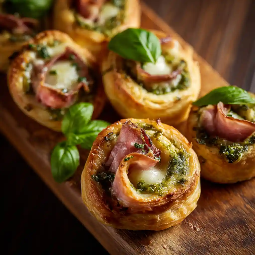 Feuilletés roulés pesto jambon mozzarella - spirale croustillante - présentation spectaculaire - 30 minutes