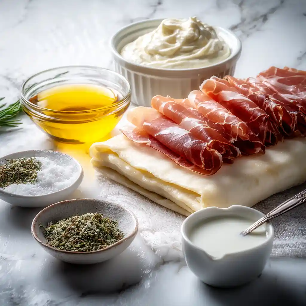 Ingrédients pour torsades feuilletées - pâte feuilletée, jambon serrano, moutarde, crème fraîche et herbes de Provence
