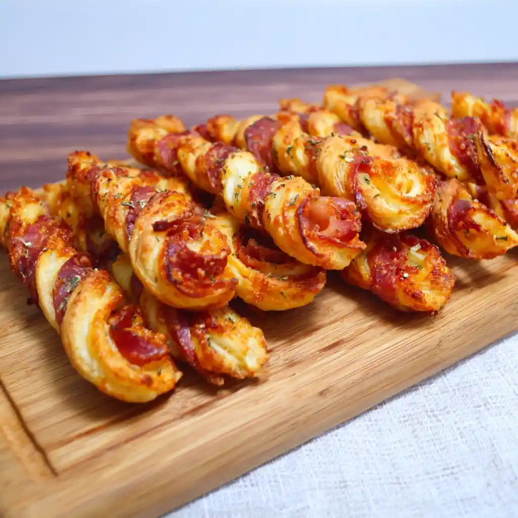 Torsades feuilletées au jambon serrano dorées et croustillantes sur planche en bois avec verre de rosé