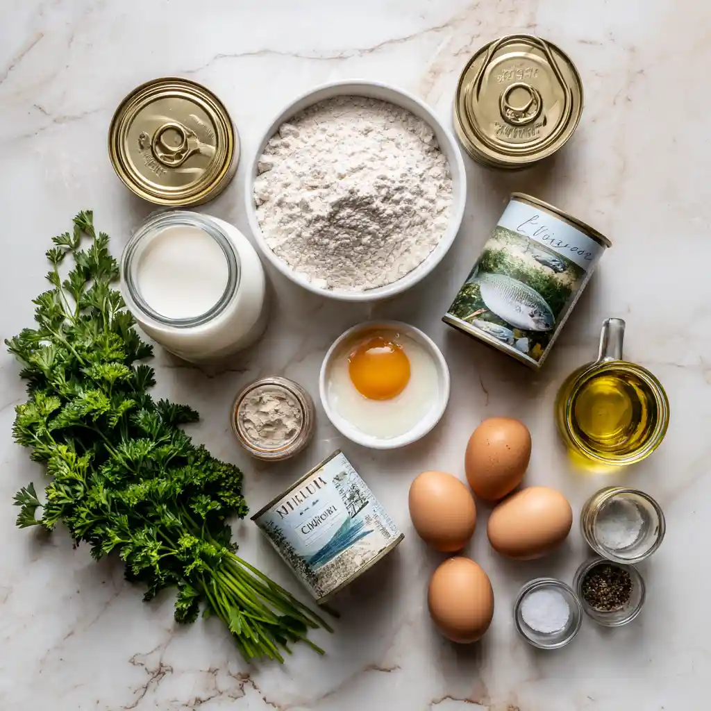 Tous les ingrédients du muffin au thon arrangés à plat sur une surface en marbre blanc : farine, œufs frais, boîte de thon, levure chimique, lait entier, fromage comté, huile d'olive extra vierge, persil frais, sel et poivre
