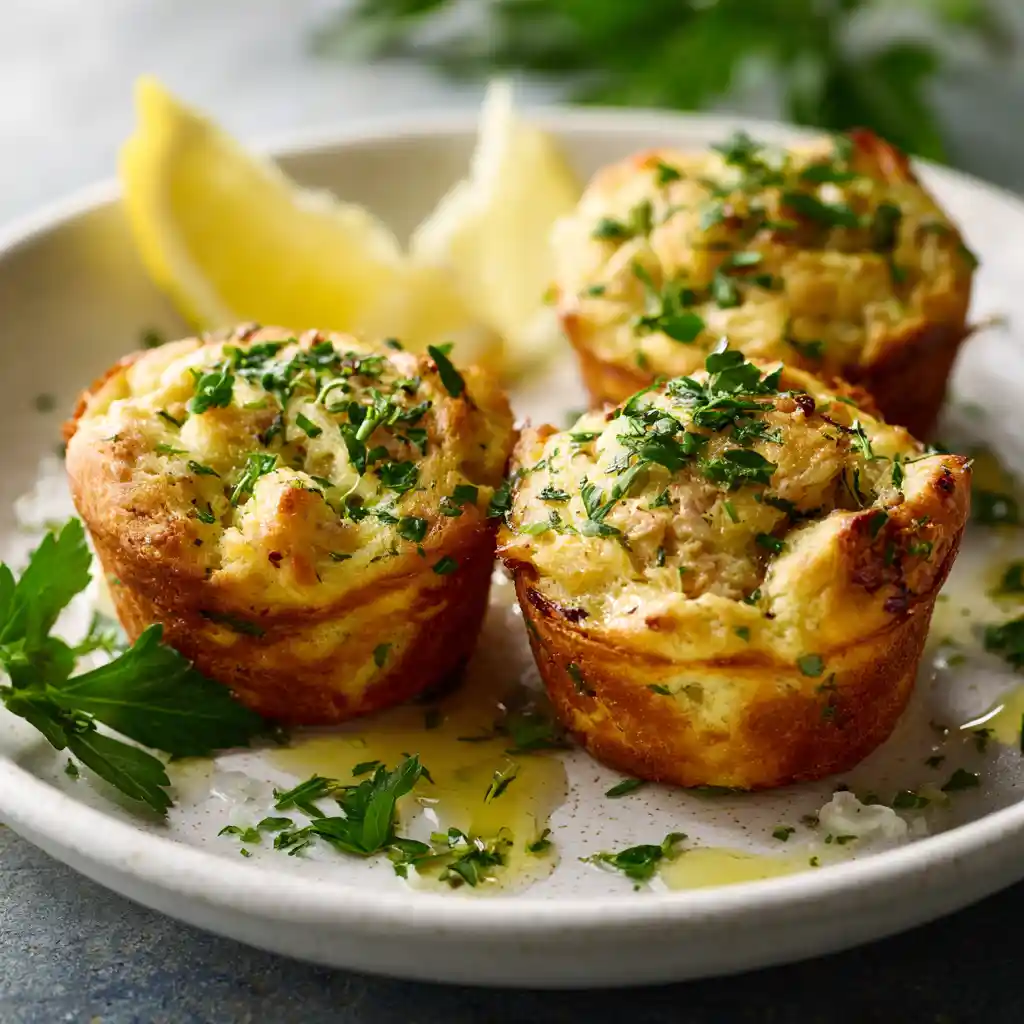 Muffin au thon dorés frais sortis du four avec persil frais, fromage comté et huile d'olive, présentés sur une assiette en céramique blanche avec un muffin coupé en deux montrant l'intérieur moelleux