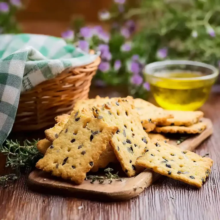 Biscuit apéro aux herbes dorés sur une planche en bois rustique