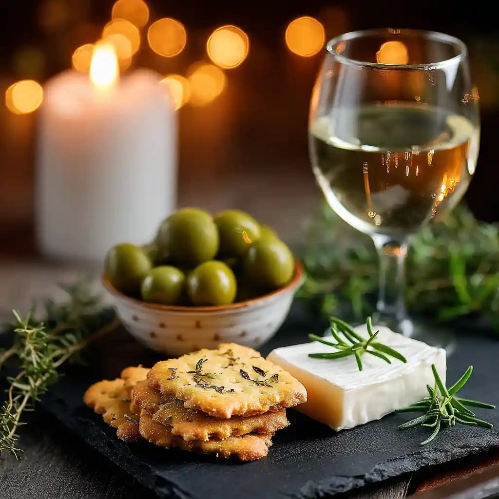 Plateau apéritif avec biscuits apéro aux herbes, olives et fromage