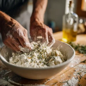Préparation de la pâte à biscuit apéro aux herbes dans un bol blanc