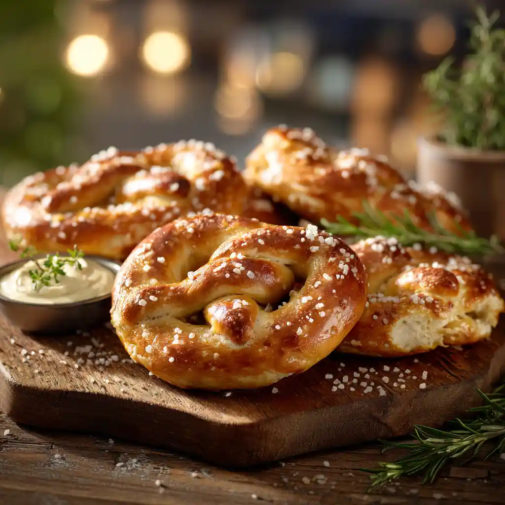 Bretzel maison dorés et croustillants parsemés de gros sel sur planche en bois rustique