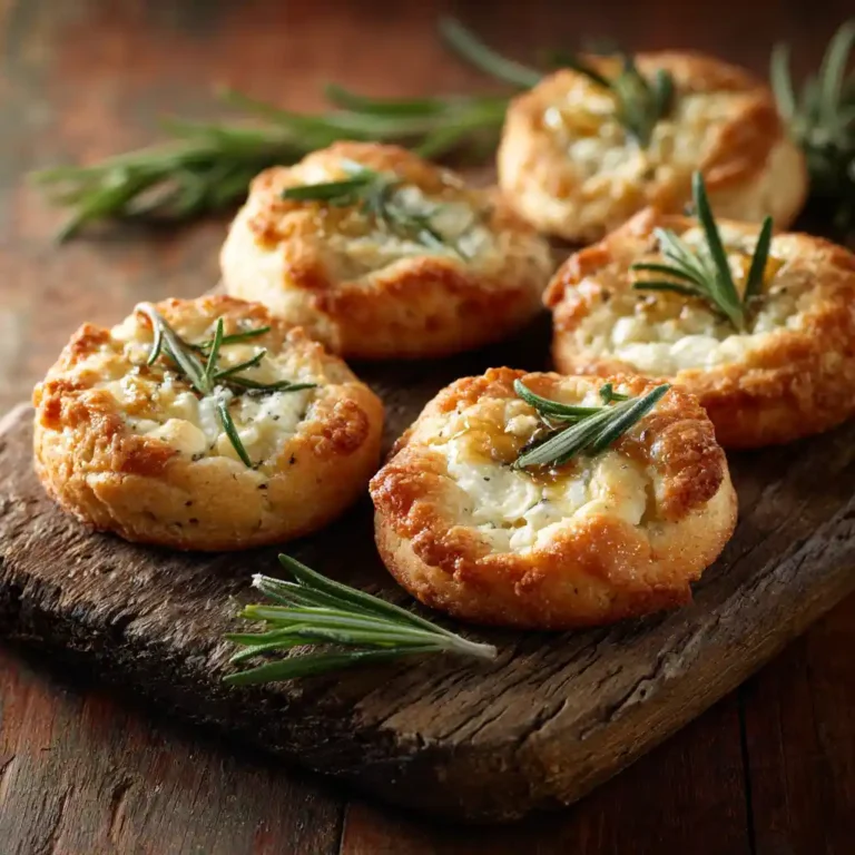 Cookies salés chèvre miel et romarin dorés sur planche en bois rustique avec brin de romarin frais