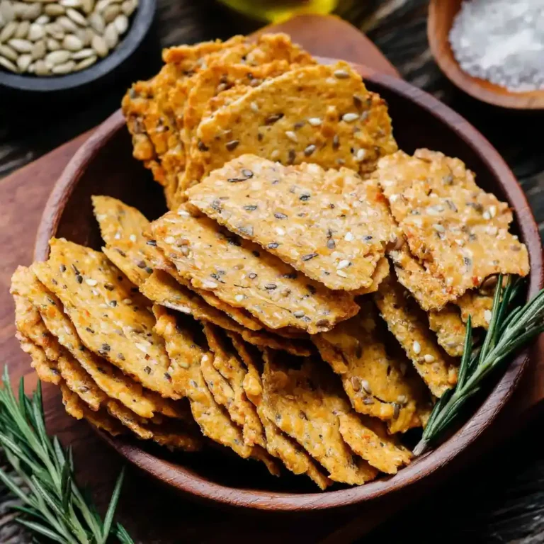 Crackers aux graines maison dorés et croustillants sur une planche en bois rustique