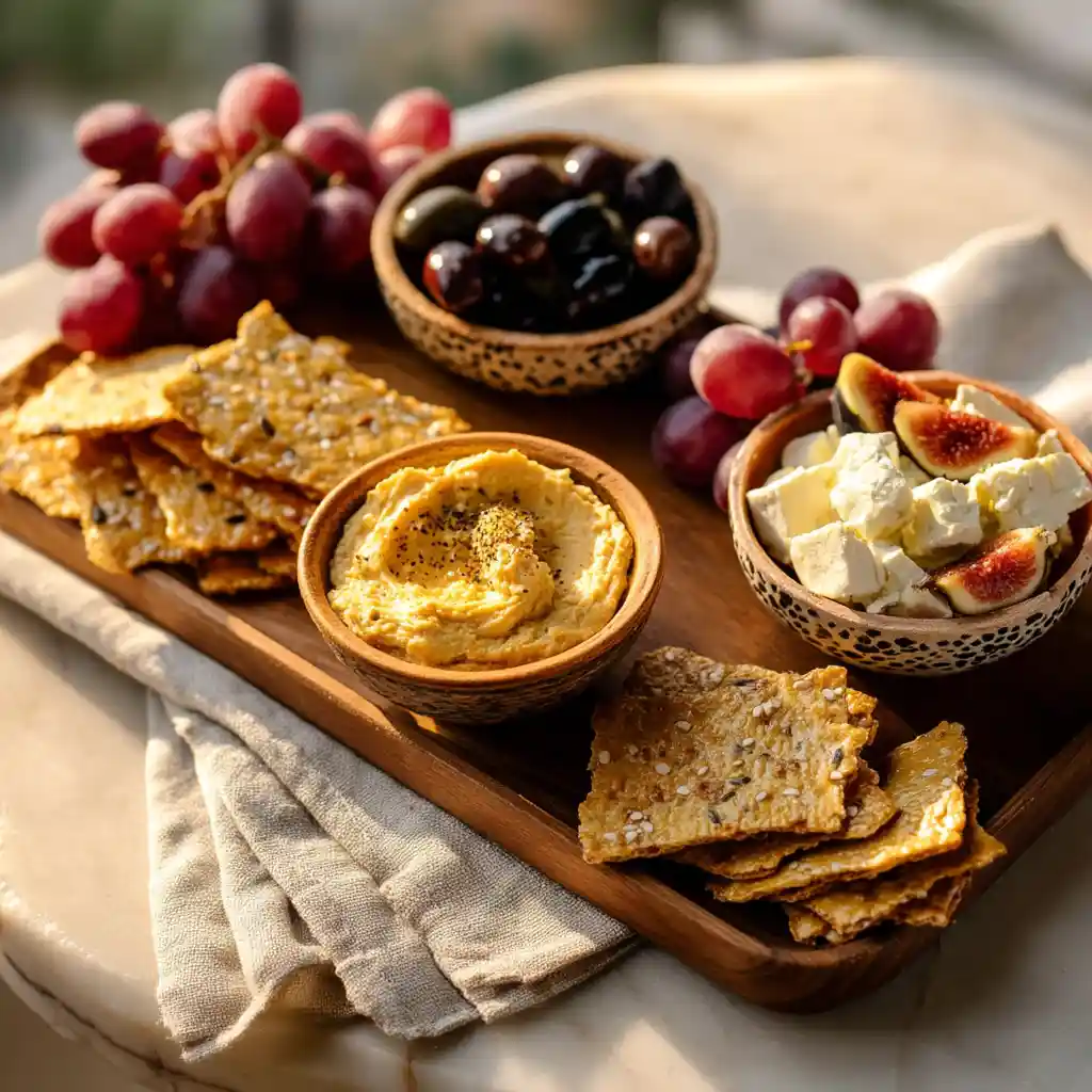 Plateau apéritif avec crackers aux graines, fromage, olives et houmous