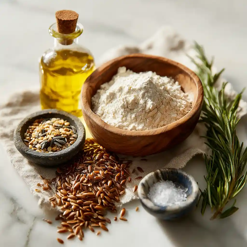 Ingrédients pour crackers aux graines : farine d'épeautre, graines mélangées, huile d'olive