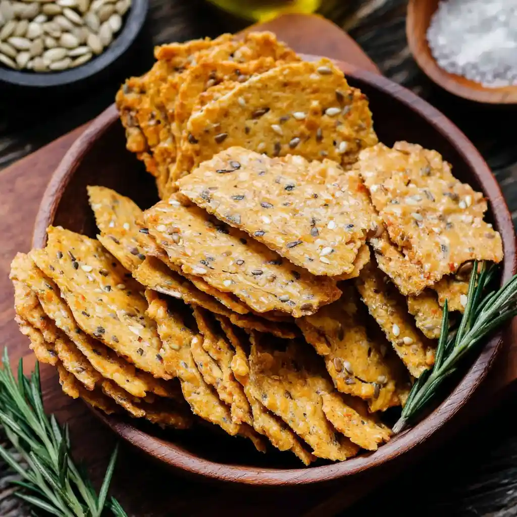 Crackers aux graines maison dorés et croustillants sur une planche en bois rustique