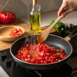 Étape 1 recette muffins au chorizo - poivron en dés cuisant à feu moyen dans l'huile d'olive dans une poêle, préparation de la garniture