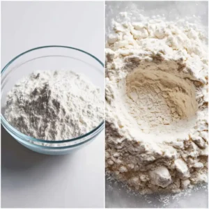 Étape 1 : Préparation de la pâte de base pour mini muffins salés - farine versée dans un saladier en verre, puits créé au centre, œufs et lait versés dans le puits, levure chimique saupoudrée, mélange à la fourchette en texture grumeleu légère, parmesan râpé incorporé, division en 3 portions égales - technique pas à pas du Chef Benoît Lambert