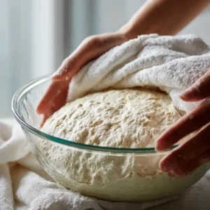 Pâte à bretzel levée et doublée de volume dans un bol - étape cruciale de la recette de bretzel maison