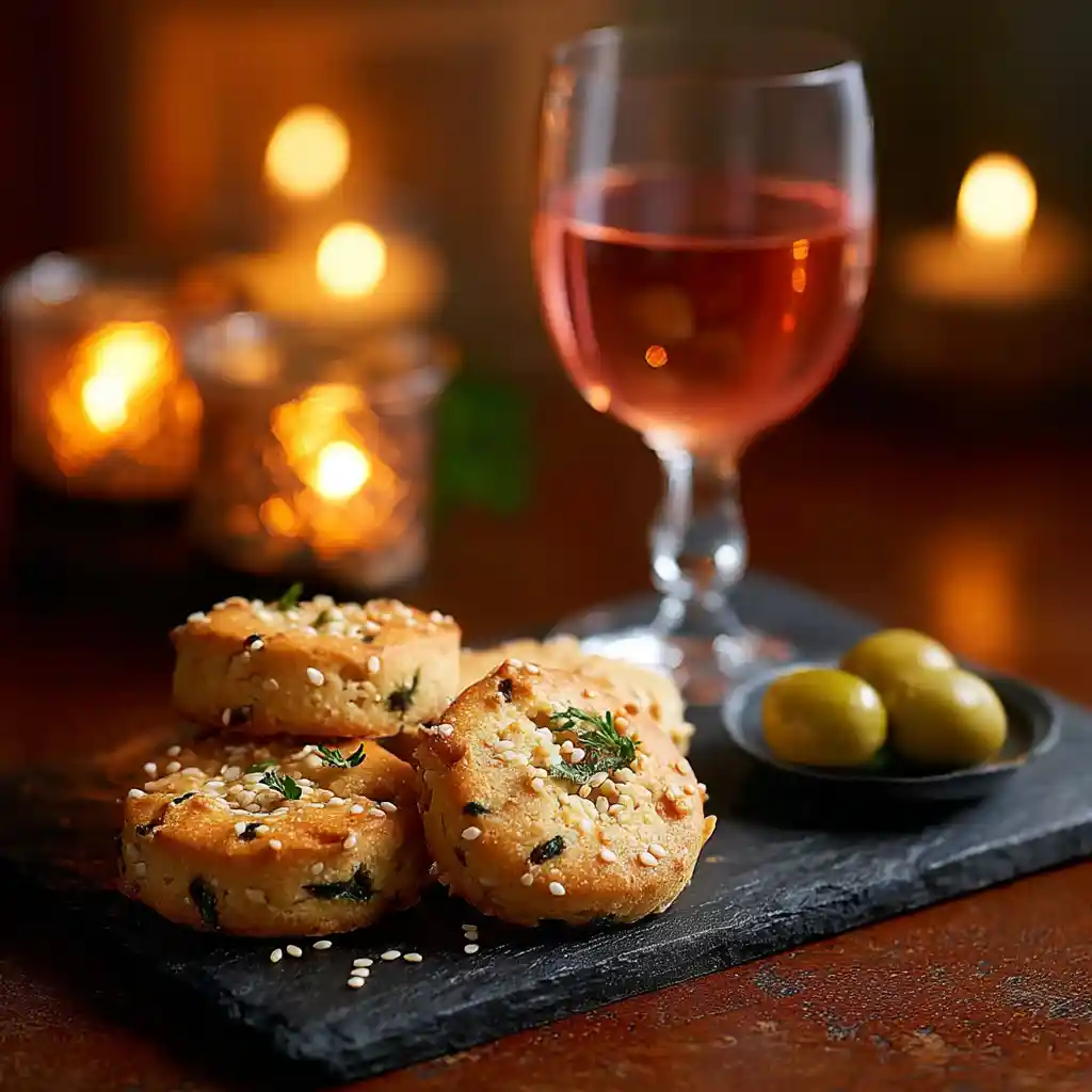 Gâteau apéritif biscuits salés aux oignons servis sur une ardoise avec un verre de rosé