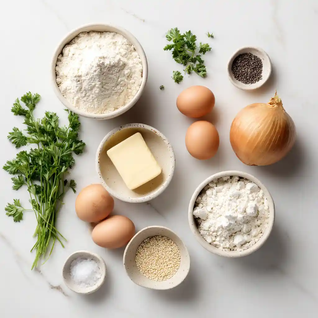 Ingrédients du gâteau apéritif biscuits salés : farine, beurre, oignon, œuf, persil et sésame