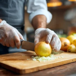 Préparation du gâteau apéritif : oignon haché finement au couteau sur une planche à découper