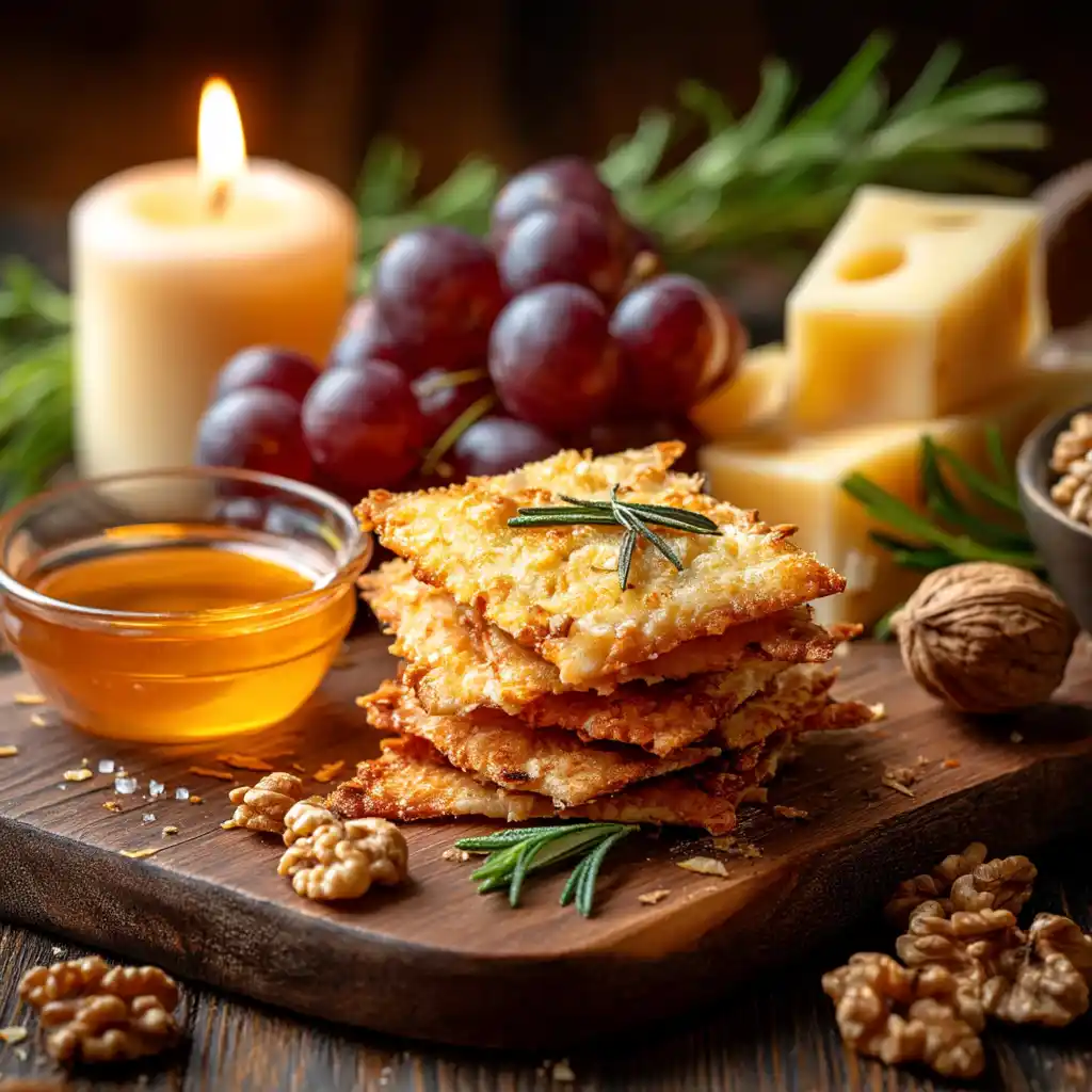 gateau apero parmesan servi sur planche en bois avec raisins et noix