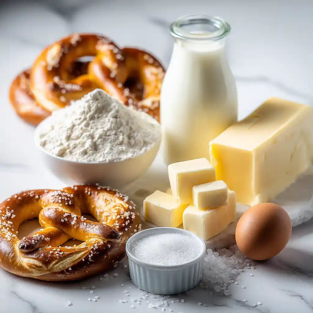 Ingrédients pour bretzels apéritifs disposés sur plan de travail : farine, levure, lait, beurre, sucre et gros sel