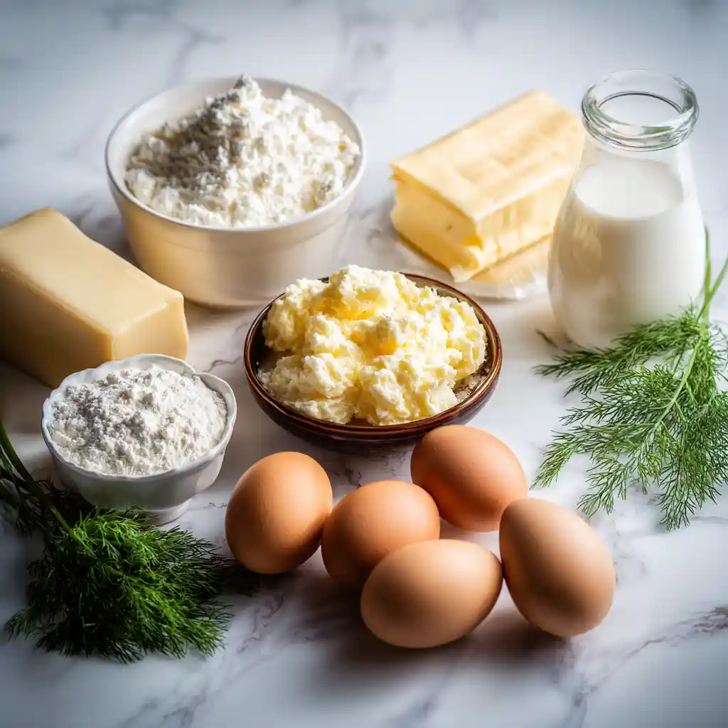 Tous les ingrédients pour la recette de mini muffins salés en 3 déclinaisons : farine, œufs, lait, parmesan, jambon, tomates cerises, mozzarella, légumes frais, origan, huile d'olive - mesurés et prêts à utiliser